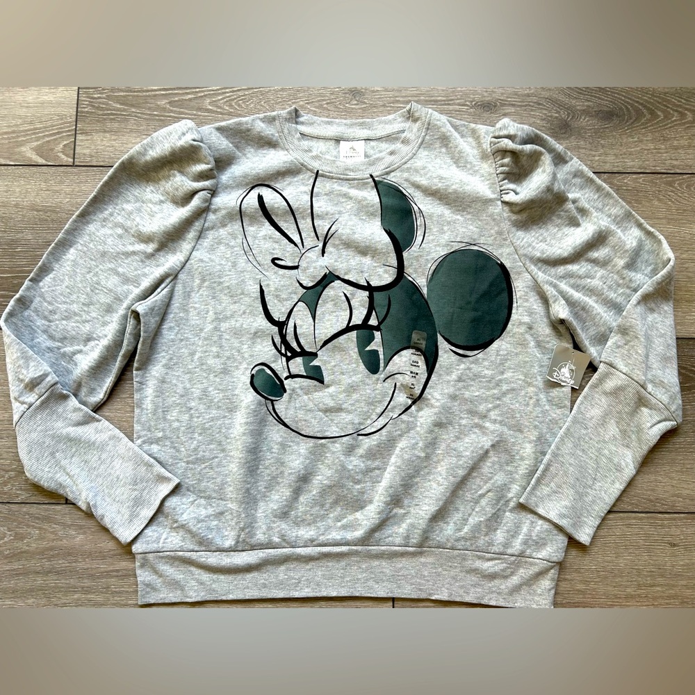 NEW Disney Sweater Womens XL Gray Black Minnie Mouse Puff Womens Parks Bow